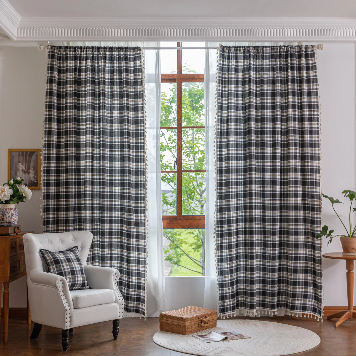 Black, gray, and beige plaid curtain fabric with a soft, woven texture and classic checkered pattern.