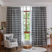 Black, gray, and beige plaid curtain fabric with a soft, woven texture and classic checkered pattern.