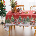 Christmas Santa Rectangular Tablecloth – Create a festive holiday atmosphere with this rectangular tablecloth featuring a snowy Christmas scene of Santa Claus, decorated pine trees, a cozy cottage, reindeer, and a cheerful snowman. Set against a rich red background with falling snowflakes and accented by playful multicolor tassels, it’s perfect for Christmas dinners, holiday parties, and seasonal home décor. Durable and eye-catching, this tablecloth brings warmth and joy to any dining space.
