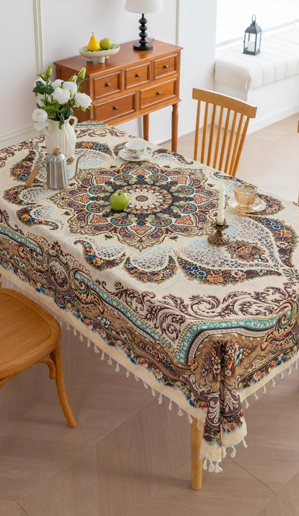 Beautiful bohemian tablecloth with intricate floral patterns and tassel edges, perfect for dining, parties, and festive home d¨¦cor.