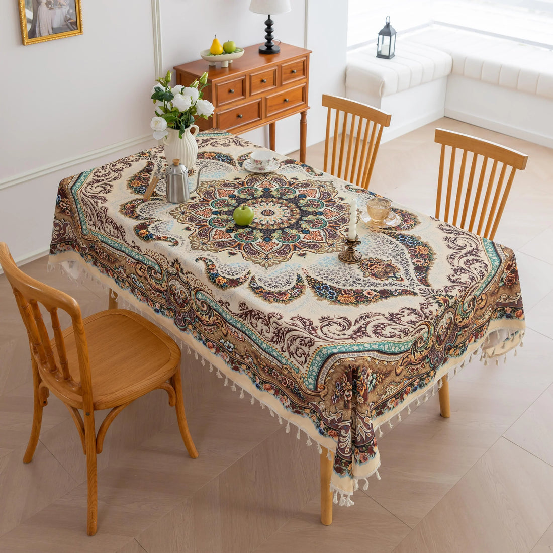 Beautiful bohemian tablecloth with intricate floral patterns and tassel edges, perfect for dining, parties, and festive home décor.