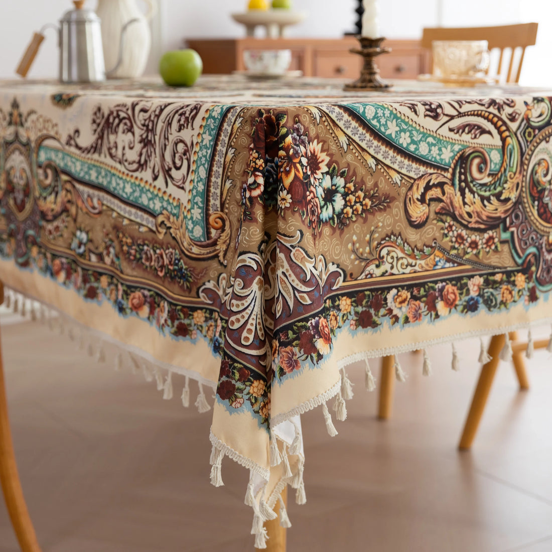 Beautiful bohemian tablecloth with intricate floral patterns and tassel edges, perfect for dining, parties, and festive home décor.