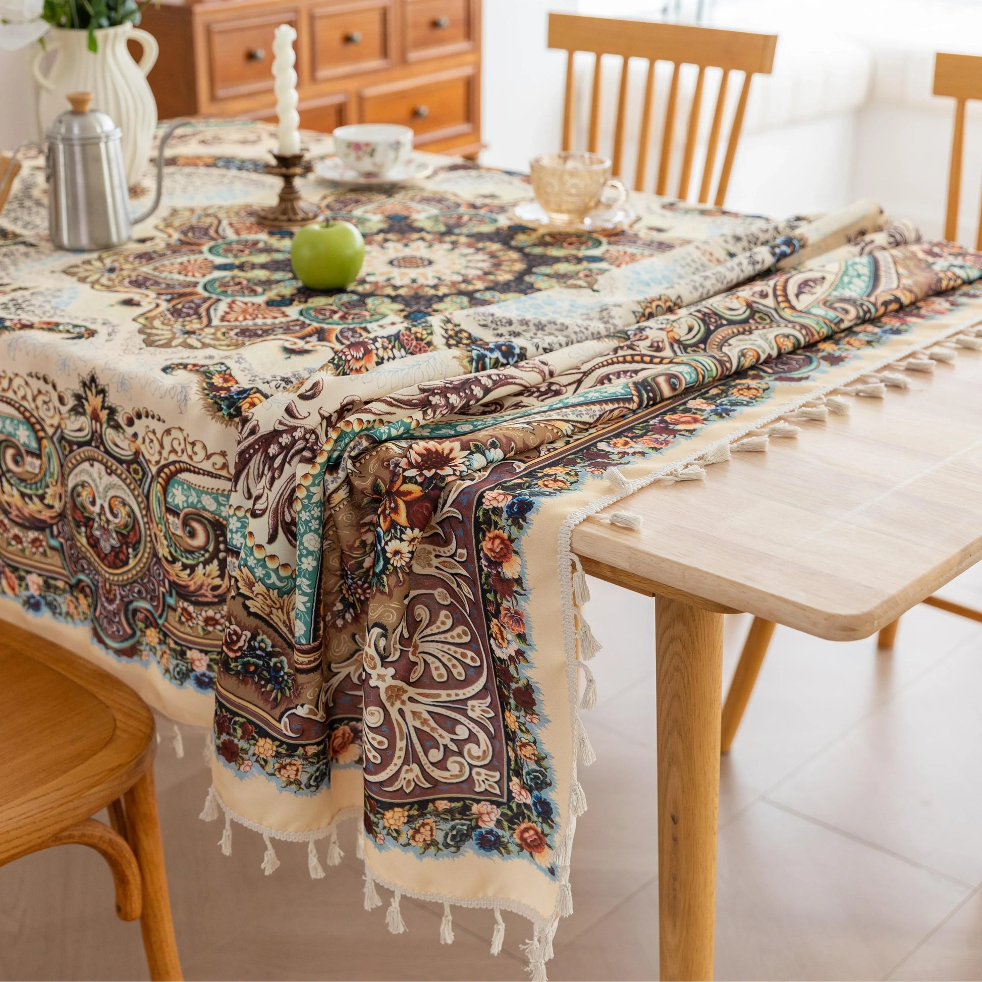 Beautiful bohemian tablecloth with intricate floral patterns and tassel edges, perfect for dining, parties, and festive home décor.