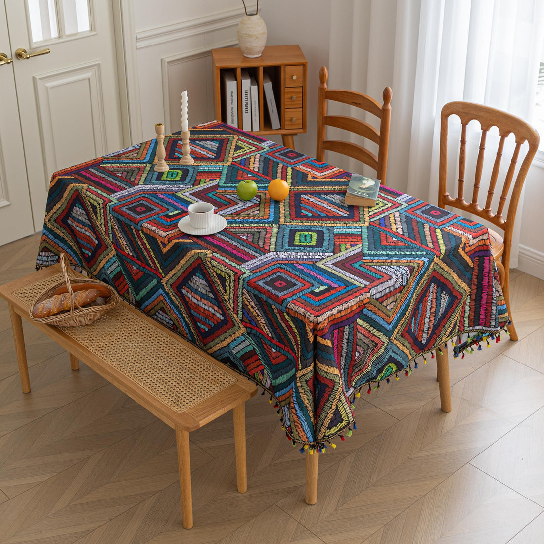 Add charm to your dining table with this colored irregular lattice tablecloth, blending vibrant style with durable fabric for everyday elegance.