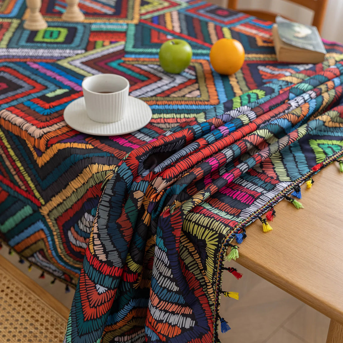 Add charm to your dining table with this colored irregular lattice tablecloth, blending vibrant style with durable fabric for everyday elegance.