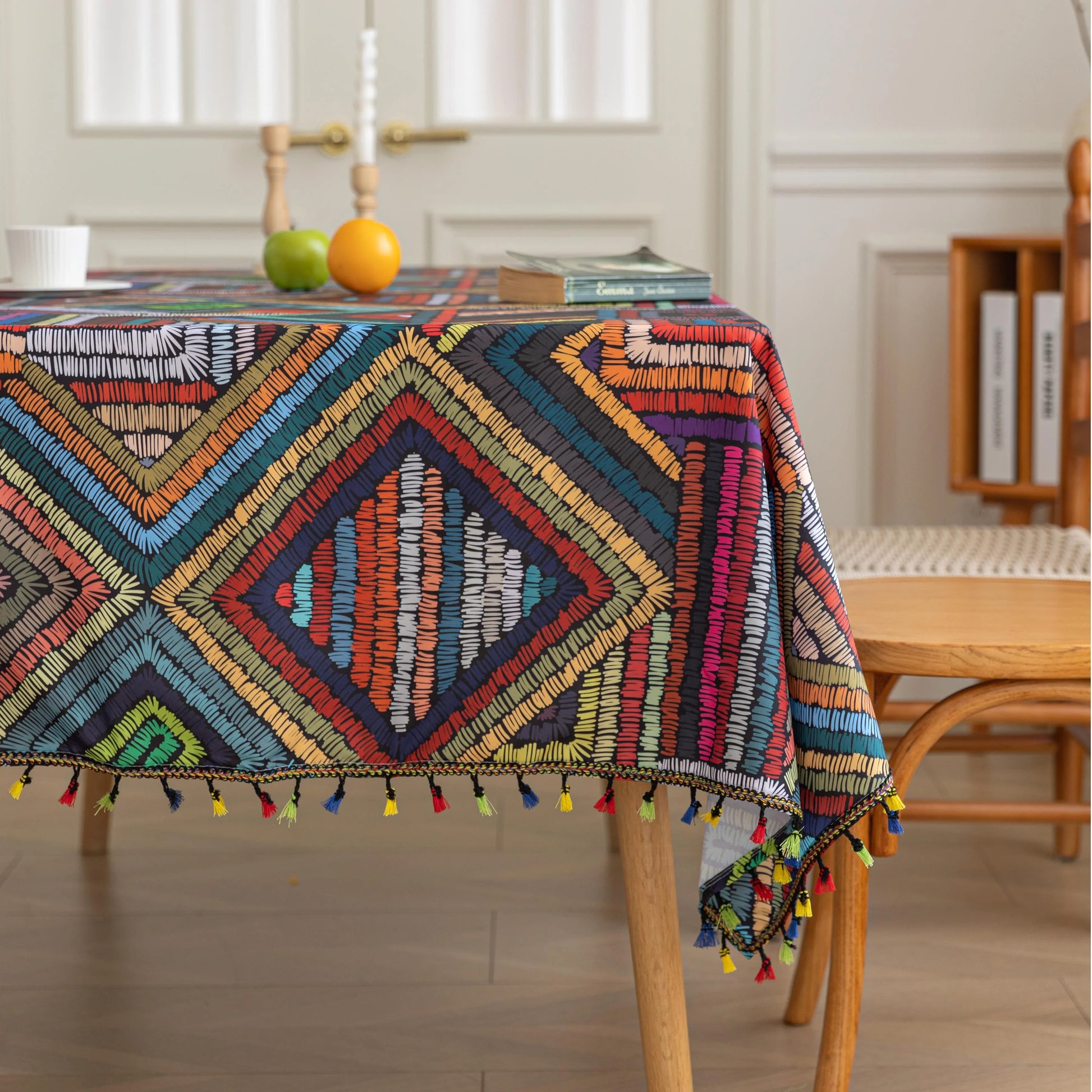 Add charm to your dining table with this colored irregular lattice tablecloth, blending vibrant style with durable fabric for everyday elegance.