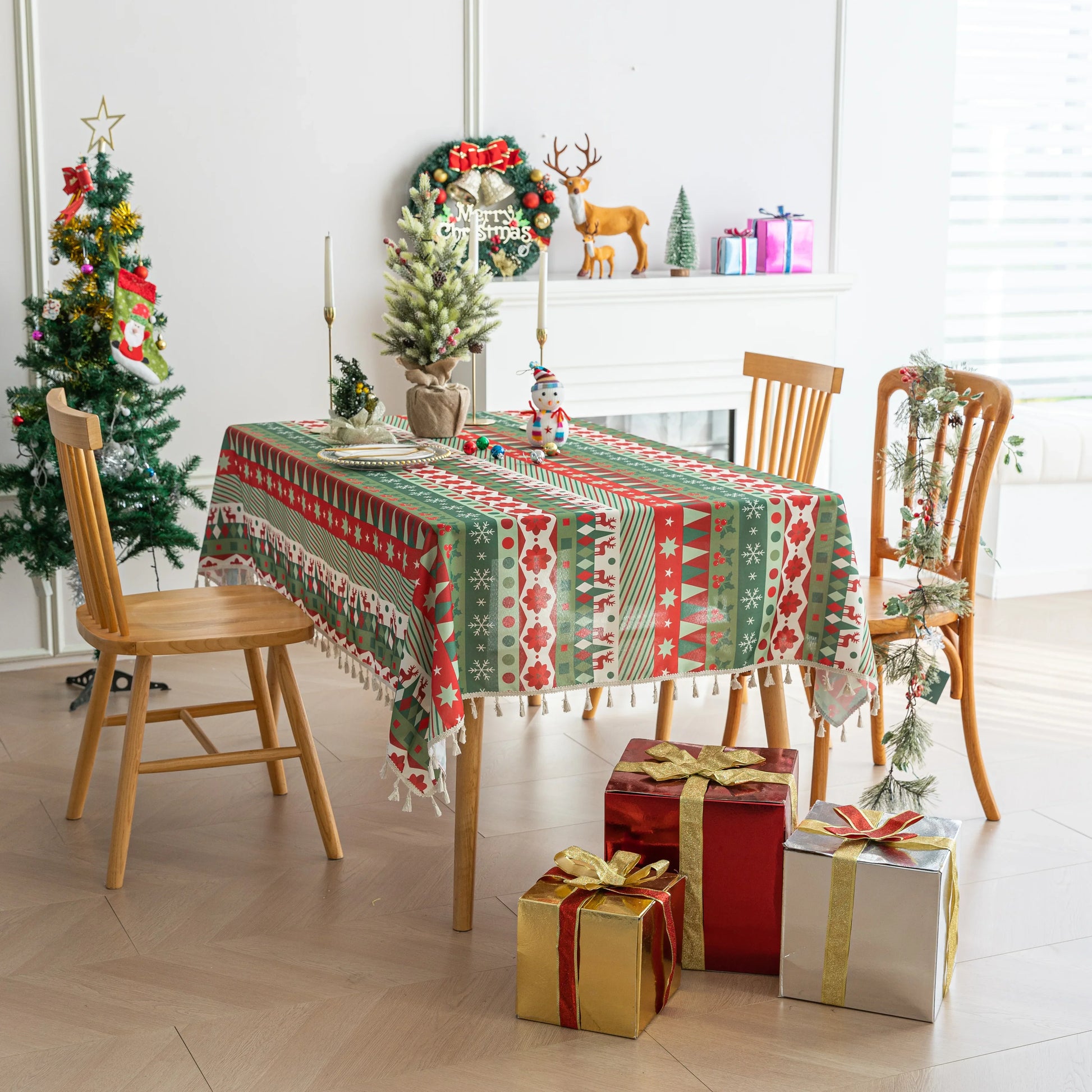 Festive Christmas tablecloth with red, green, and white patterns, perfect for holiday dining décor and creating a warm, cheerful atmosphere