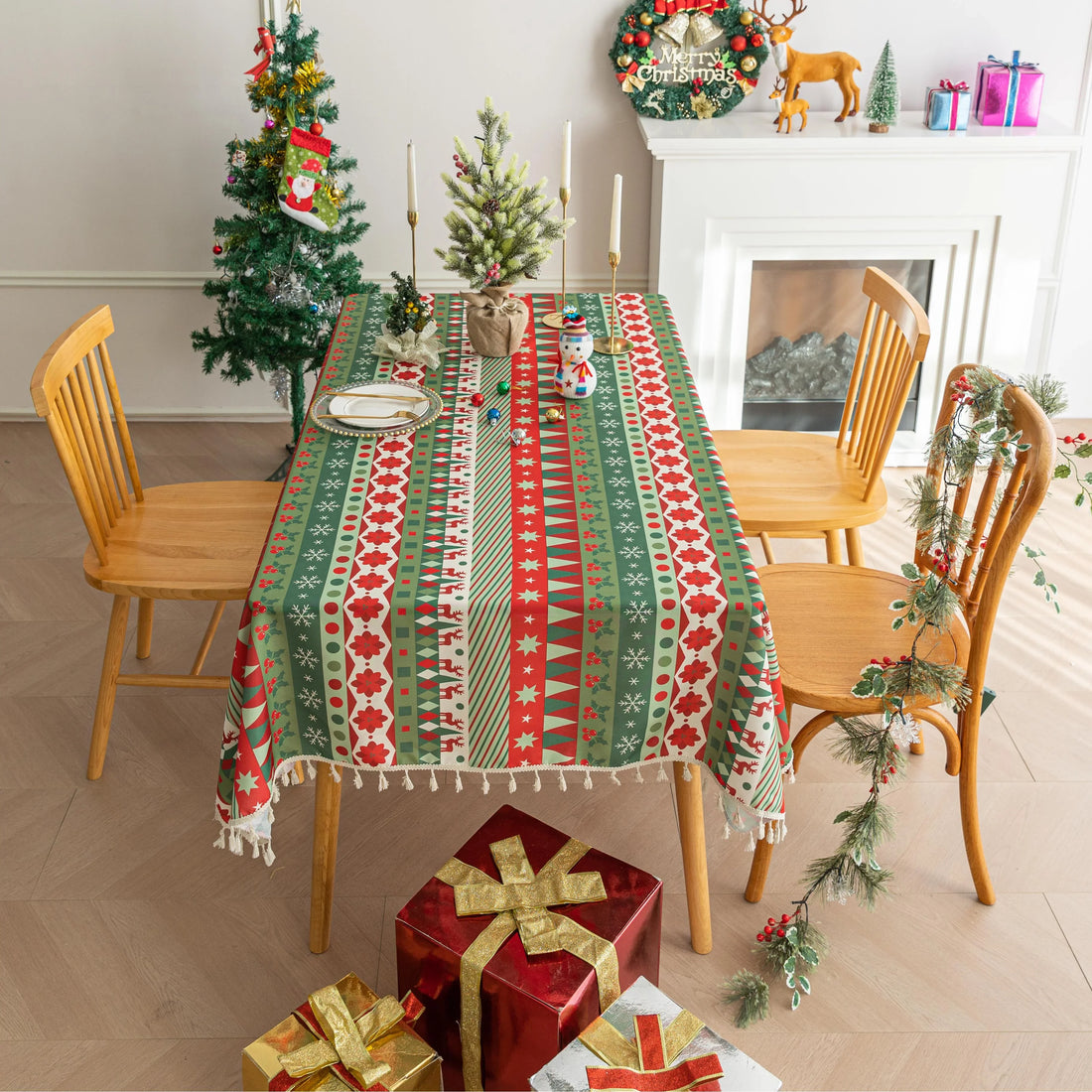 Festive Christmas tablecloth with red, green, and white patterns, perfect for holiday dining décor and creating a warm, cheerful atmosphere