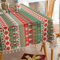 Festive Christmas tablecloth with red, green, and white patterns, perfect for holiday dining décor and creating a warm, cheerful atmosphere