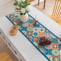 Elegant boho-style tablecloth with colorful geometric patterns and tassels, perfect for adding charm and protecting your dining table.