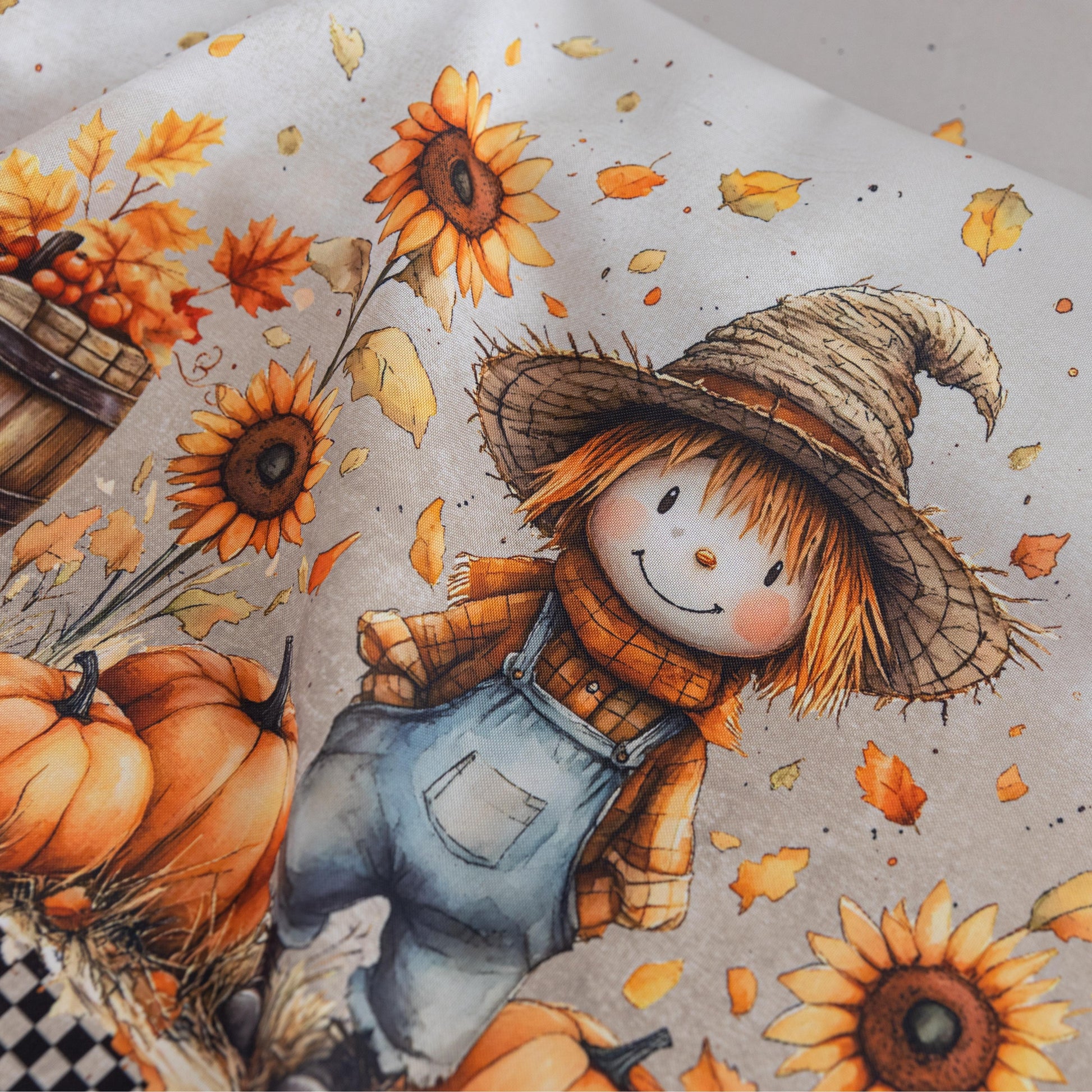 Autumn Harvest Round Tablecloth – Celebrate the cozy season with this charming round tablecloth featuring a delightful harvest design of pumpkins, sunflowers, barrels, and scarecrows. Accented with a black-and-white checkered border and finished with cream tassels, it brings a warm, festive touch to your dining space. Perfect for fall gatherings, Thanksgiving dinners, or seasonal décor, this durable and vibrant tablecloth adds rustic charm to any table setting.
