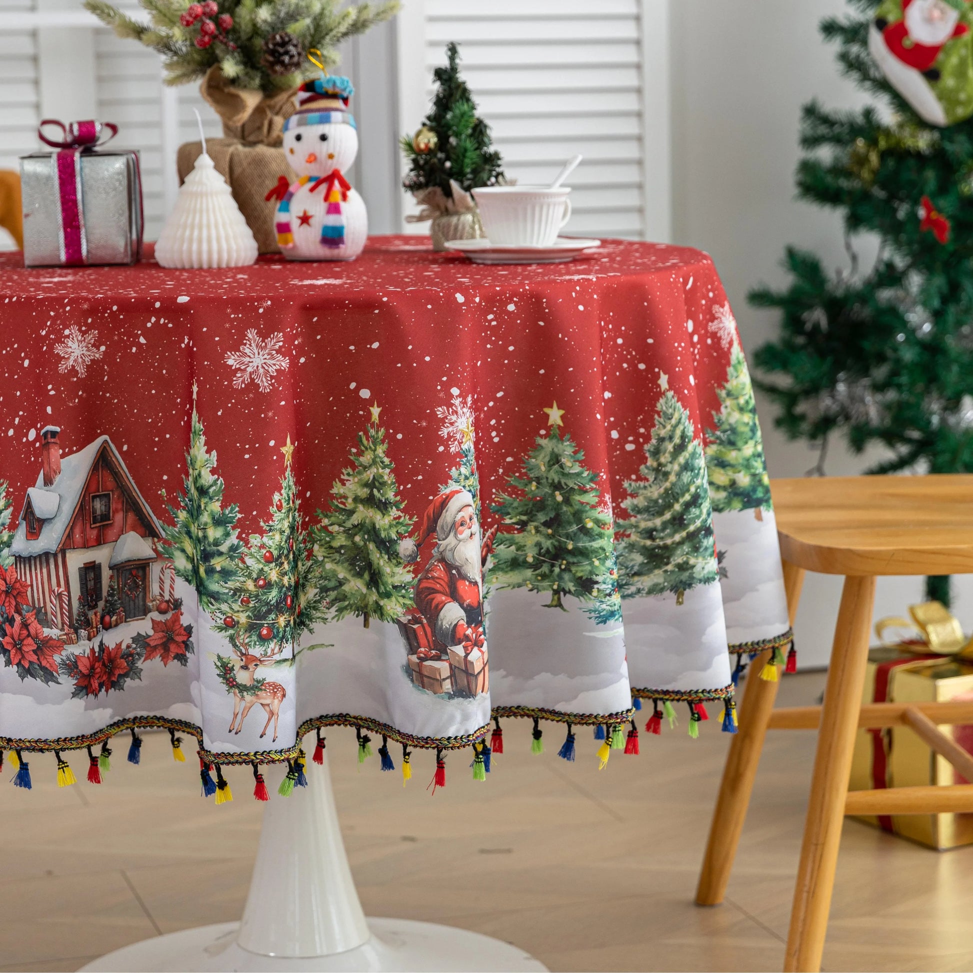 Christmas Santa Round Tablecloth – Bring festive cheer to your holiday table with this charming round tablecloth featuring a snowy winter scene of Santa Claus, Christmas trees, and a cozy cottage. Designed with a vibrant red background, falling snowflakes, and playful multicolor tassels, it creates a warm and joyful atmosphere for your celebrations. Perfect for Christmas dinners, holiday parties, or seasonal décor, this durable and decorative tablecloth adds a magical touch to any dining space.
