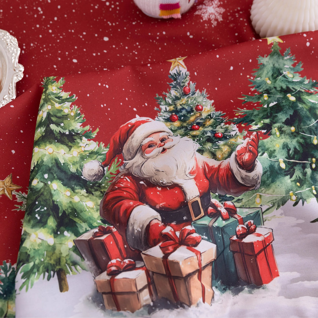 Christmas Santa Round Tablecloth – Bring festive cheer to your holiday table with this charming round tablecloth featuring a snowy winter scene of Santa Claus, Christmas trees, and a cozy cottage. Designed with a vibrant red background, falling snowflakes, and playful multicolor tassels, it creates a warm and joyful atmosphere for your celebrations. Perfect for Christmas dinners, holiday parties, or seasonal décor, this durable and decorative tablecloth adds a magical touch to any dining space.
