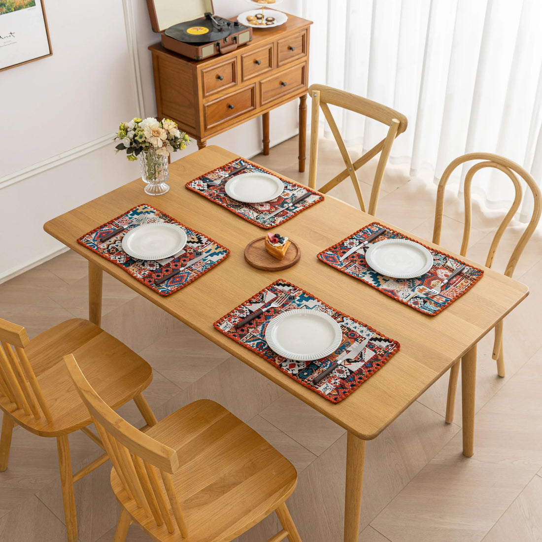 Bohemian woven placemat with vibrant geometric patterns, perfect for adding rustic charm and protecting your table during meals.