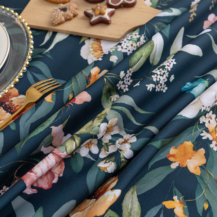 Navy Blue Flower Rectangle Tablecloth Boho Tassel Design