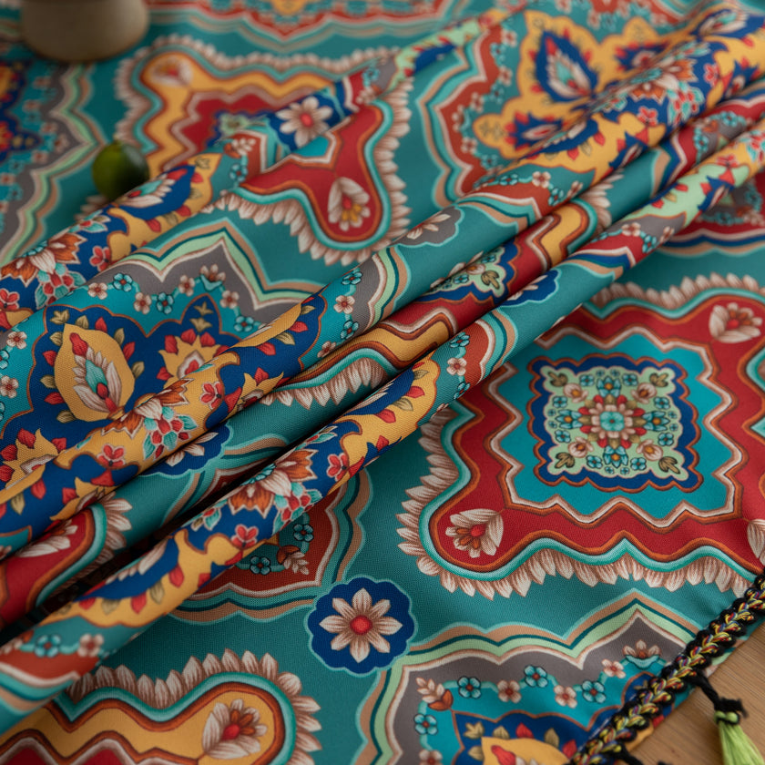 Vintage Blue Rectangle Tablecloths Boho Tassel Design