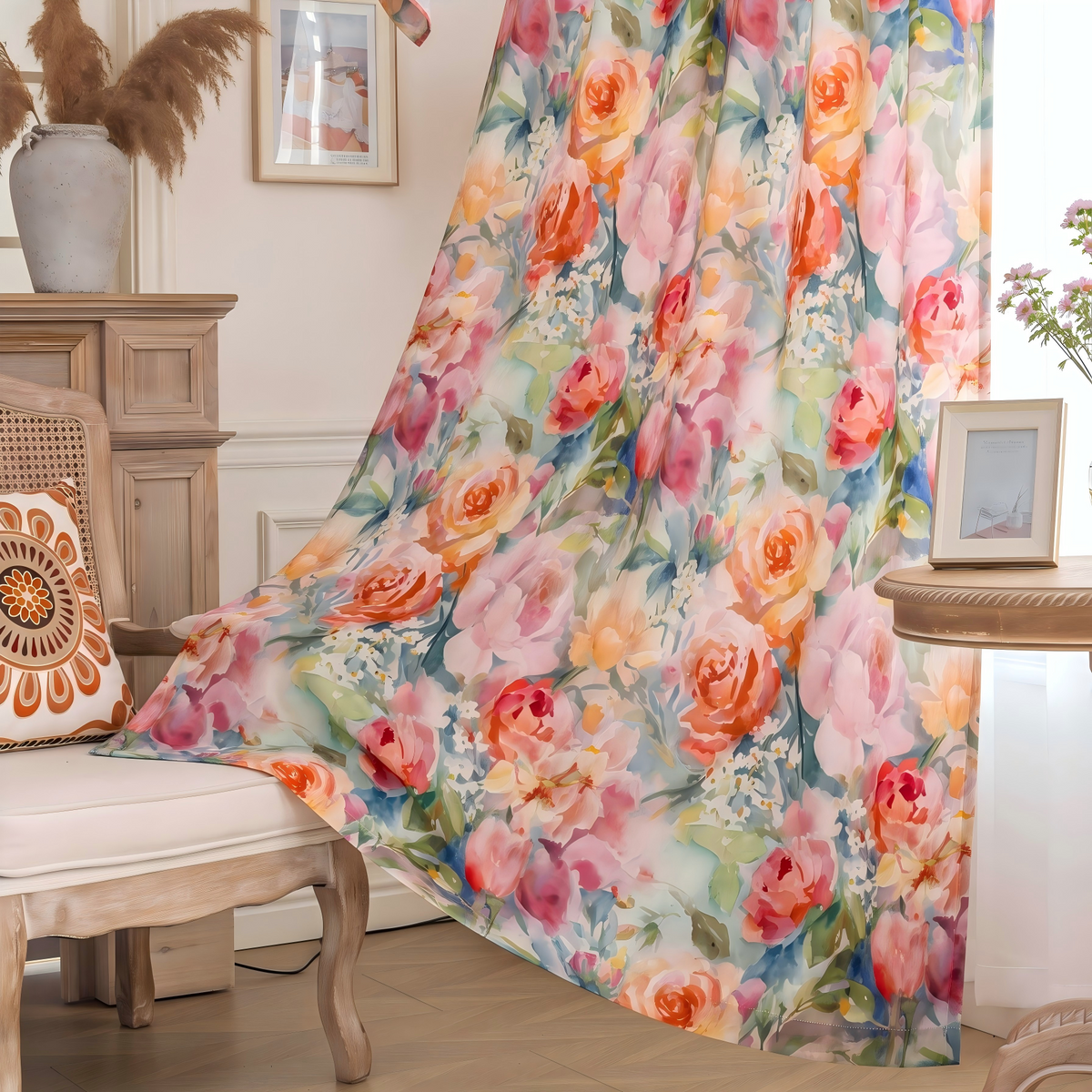 Watercolor Orange Pink Rose Velvet Curtains Grommet Top 2 Panel - product image 1