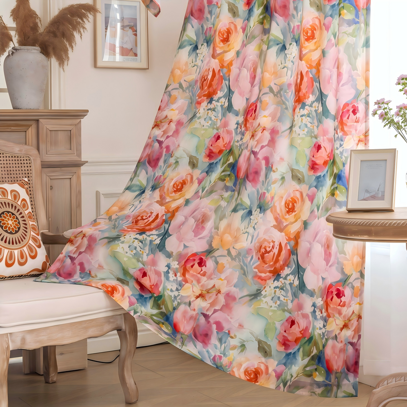 Watercolor Orange Pink Rose Velvet Curtains Grommet Top 2 Panel - product image 1